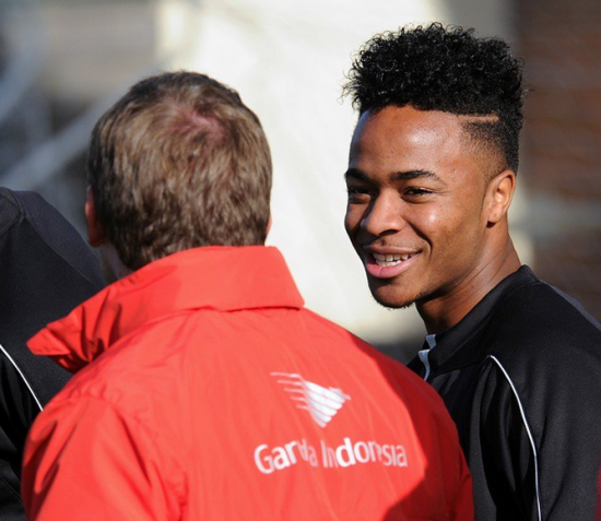 Raheem Sterling with Brendan Rodgers in Liverpool training