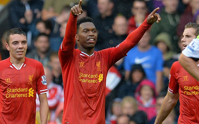 Liverpool's English forward Daniel Sturridge (C) celebrates after scoring his team's first goal during the season's opening English Premier League football match between Liverpool and Stoke City at Anfield Stadium in Liverpool, northwest England, on August 17, 2013. AFP PHOTO/ANDREW YATES  == RESTRICTED TO EDITORIAL USE. NO USE WITH UNAUTHORIZED AUDIO, VIDEO, DATA, FIXTURE LISTS, CLUB/LEAGUE LOGOS OR LIVE SERVICES. ONLINE IN-MATCH USE LIMITED TO 45 IMAGES, NO VIDEO EMULATION. NO USE IN BETTING, GAMES OR SINGLE CLUB/LEAGUE/PLAYER PUBLICATIONS. ==ANDREW YATES/AFP/Getty Images