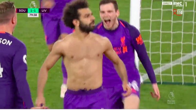 (Video) Mo Salah runs from his half; Scores worldy; Rips off shirt in epic scenes