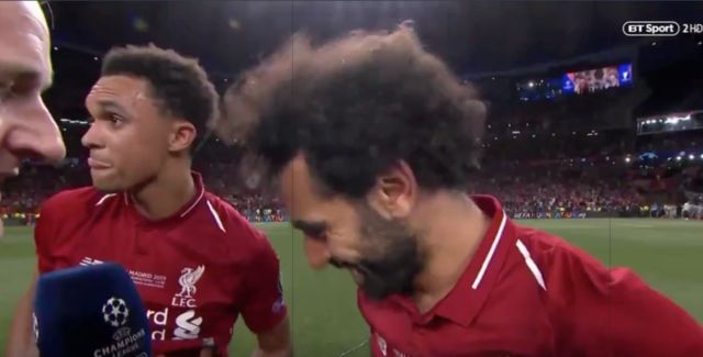 Video: TAA and Salah ditch post-match TV interview to join in LFC celebrations after CL win