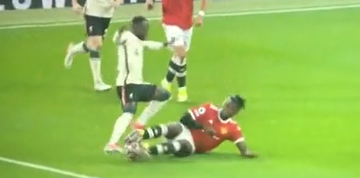 (Video) Nasty studs-up challenge from Pogba sees Keita stretchered off during Liverpool demolition of United