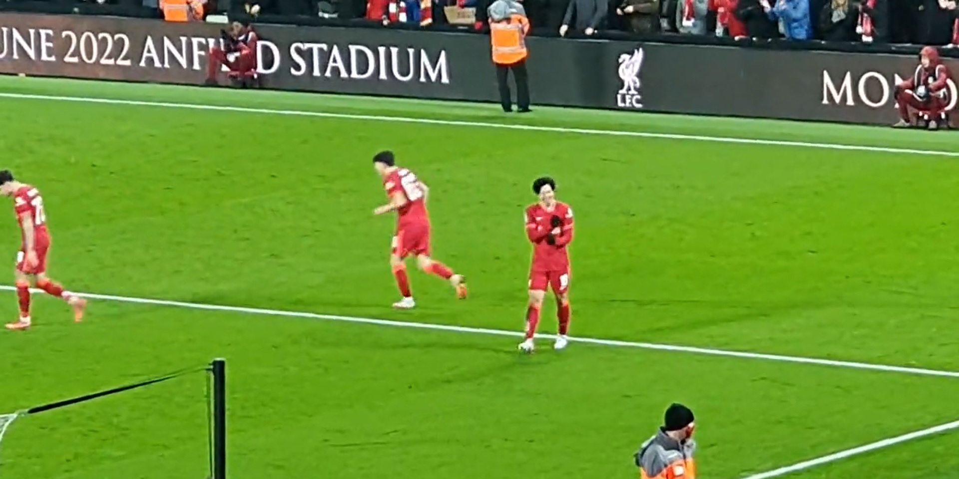 (Video) Watch league cup hero Minamino proudly tugging the Liverpool badge after netting equaliser
