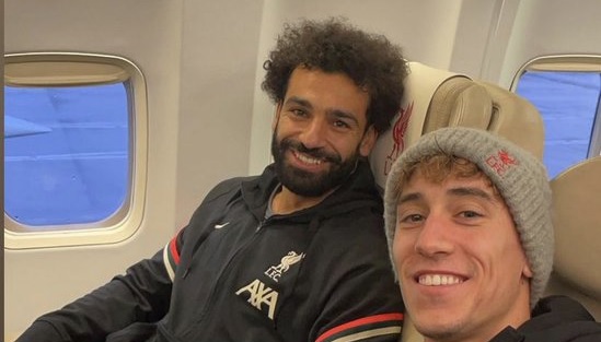 (Photo) Liverpool fans will swoon at adorable snap of Salah & Tsimikas aboard flight to Italy