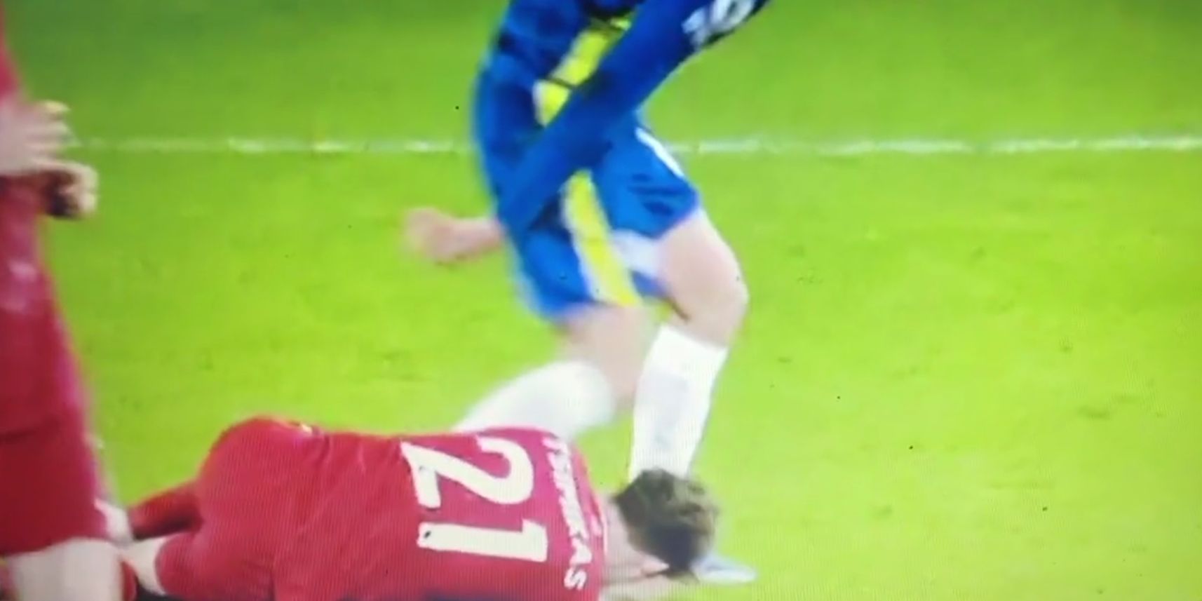 (Video) Mason Mount appears to kick out at a floored Kostas Tsimikas but avoids red after VAR review