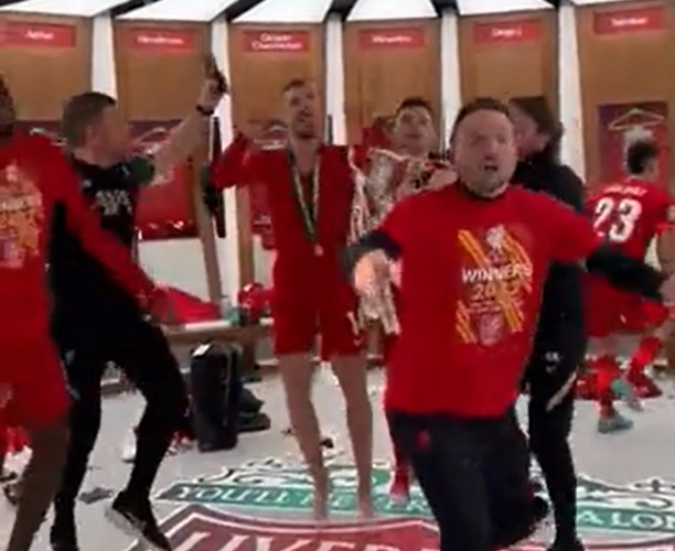 (Video) Watch Pep Lijnders lead post-match celebrations in jubilant Liverpool dressing room scenes