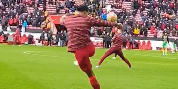 (Video) Hilarious moment Van Dijk caught Minamino completely unawares with pinged ball pre-Norwich