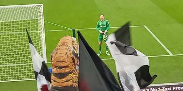 (Photo) Everton’s Pickford hilariously mocked by Newcastle fan in T-Rex costume