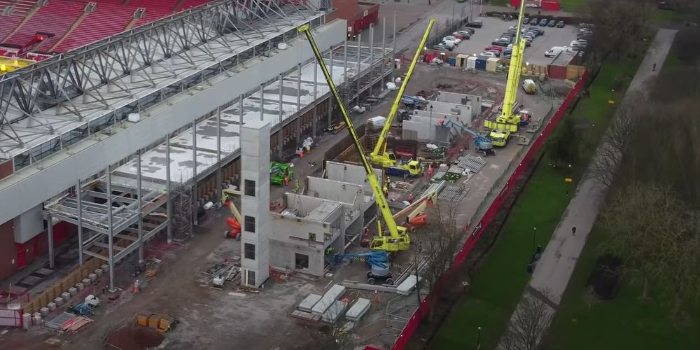 (Video) Drone footage of the Anfield Road End development illustrates how far along the revamp is
