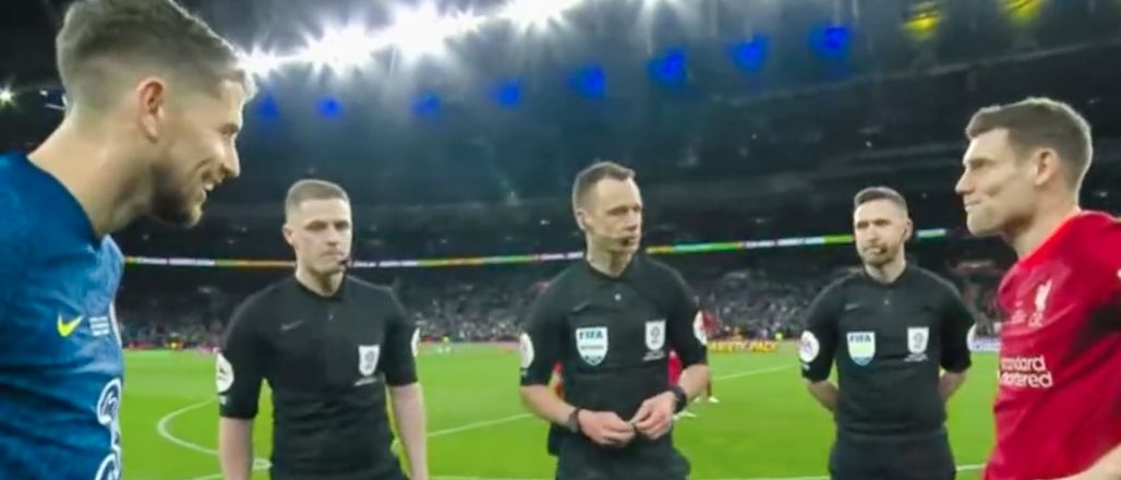 (Video) Watch James Milner’s cheeky grin and head tilt towards Jorginho after successful coin toss meant penalty shootout took place at Liverpool’s end of Wembley