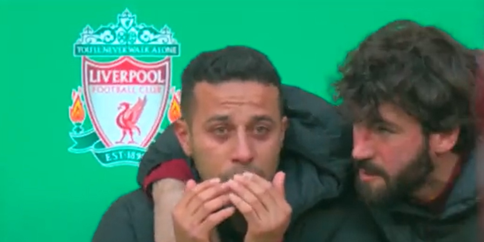 (Video) Thiago Alcantara in tears on Liverpool bench after late injury rules him out of League Cup final in cruel blow