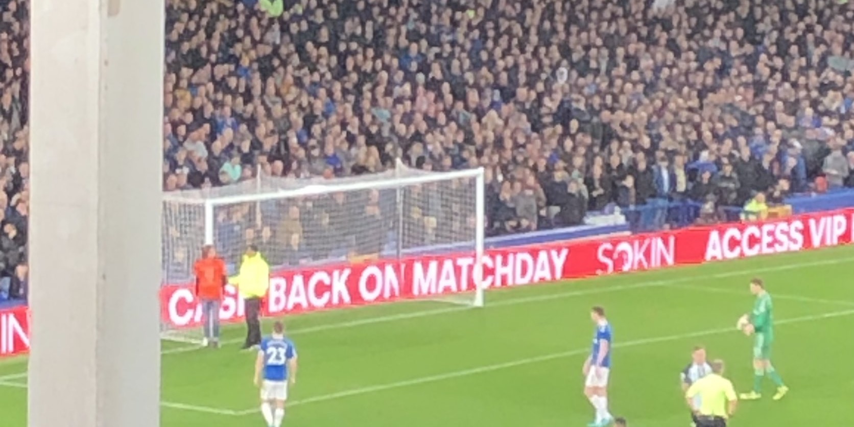 (Photos) Climate change protestor ties himself to goalpost during Everton v Newcastle tie