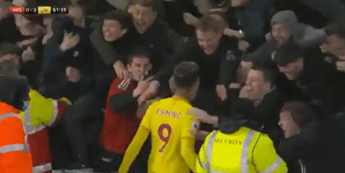 (Video) Watch Mo Salah’s adoring looks at Liverpool’s travelling fans after Firmino joins in goal celebrations during Arsenal win