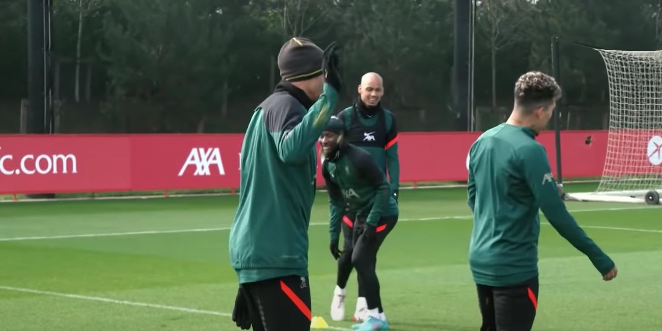 (Video) Virgil van Dijk throws grass at Joel Matip during training ground rondo
