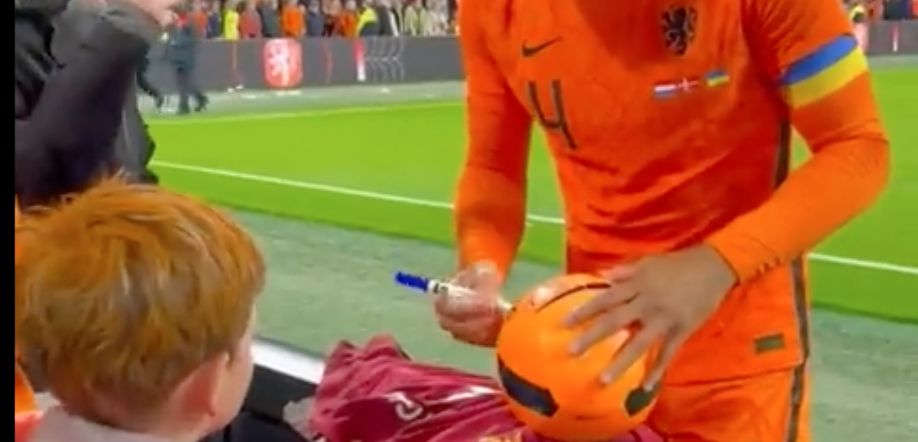 (Video) Watch class act Virgil van Dijk sign Liverpool shirt and match ball for young supporter after the Netherlands’ victory over Denmark