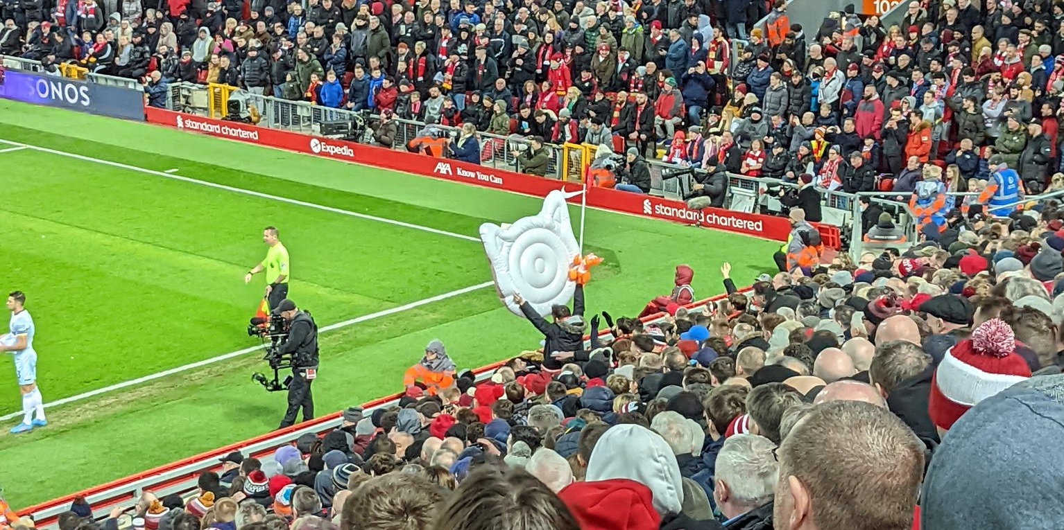 (Photo) Liverpool fans taunt Zouma with two-word message attached to inflatable cat face