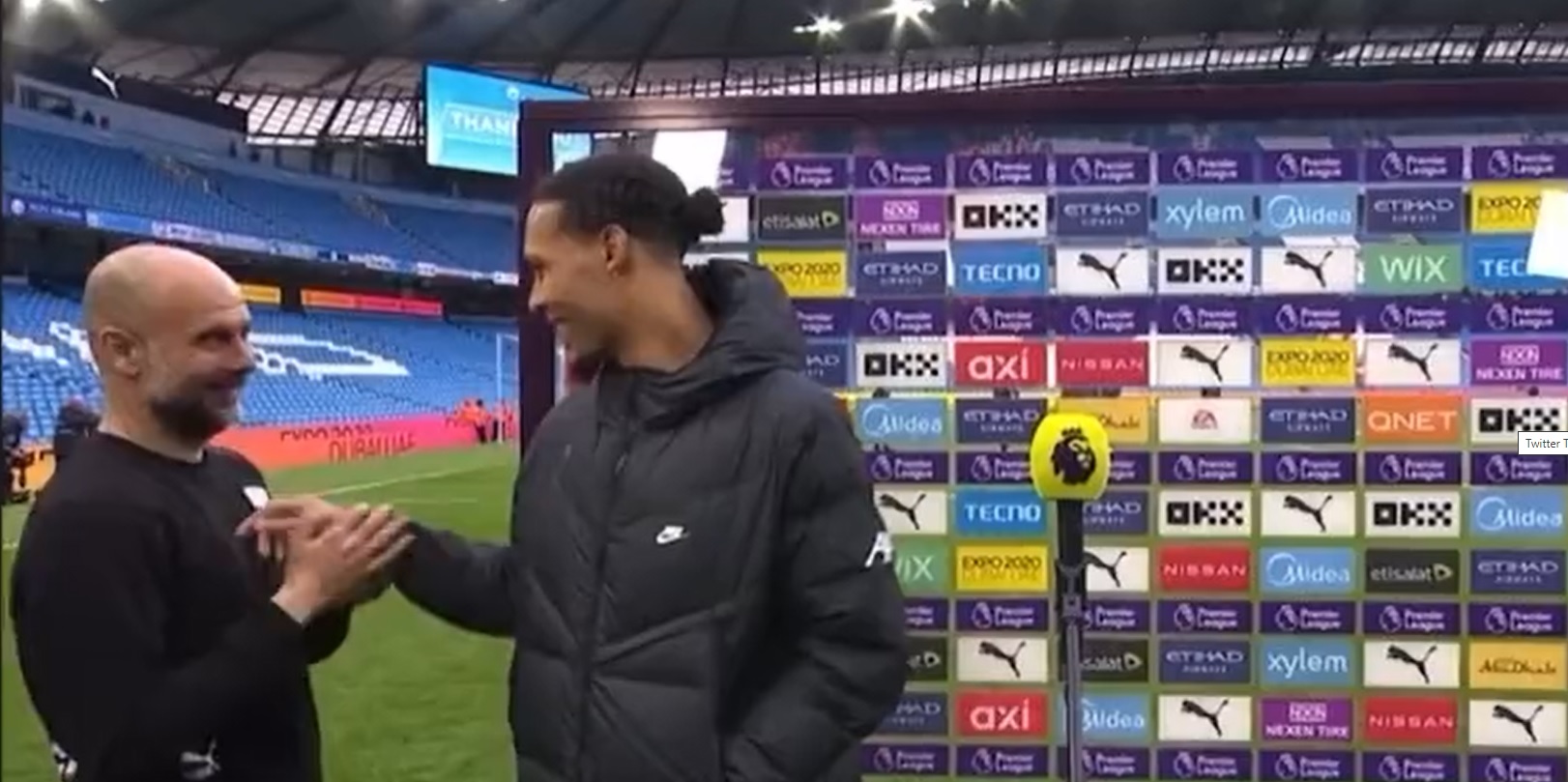 (Video) Watch Guardiola look adoringly at Van Dijk during post-match chat with Dutch defender