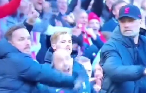 (Video) Watch Klopp’s hilarious death stare reaction to Lijnders tugging his coat in goal celebrations