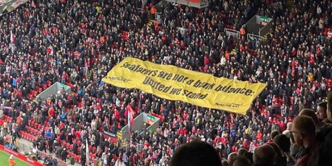 (Image) Liverpool fans unveil banner in support of P&O former staff after mass redundancies