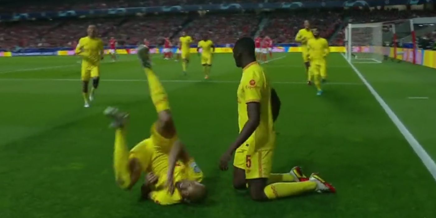 (Video) Fabinho hilariously fails at his knee-slide following Liverpool’s opening goal against Benfica