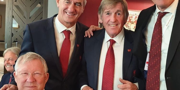 Kenny Dalglish, Ian Rush and Alex Ferguson pose for a picture together in meeting of British football greats at Anfield