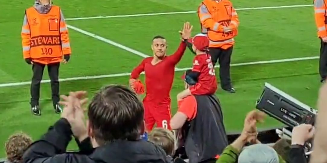 (Video) Thiago Alcantara hands his shirt to young fan on the Kop following Liverpool’s 2-0 victory over Villarreal