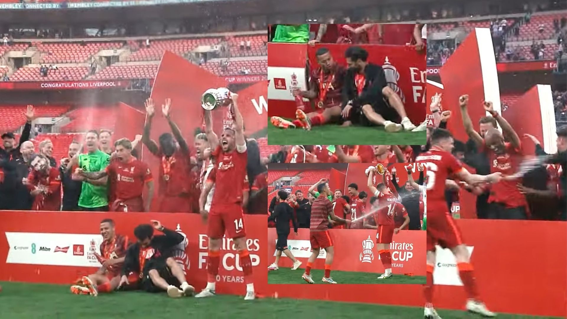 (Video) Thiago’s champagne gesture to Salah as Liverpool star appears to give forward warning before spraying Henderson