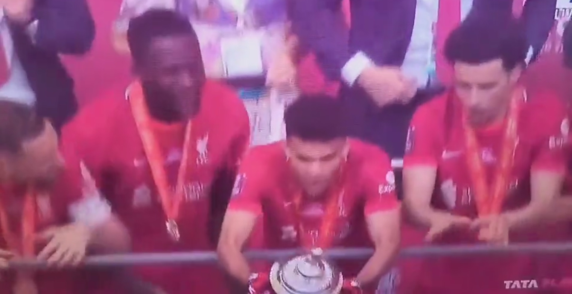(Video) Watch Luis Diaz surprise Konate after dropping FA Cup lid during hilarious trophy lift clip