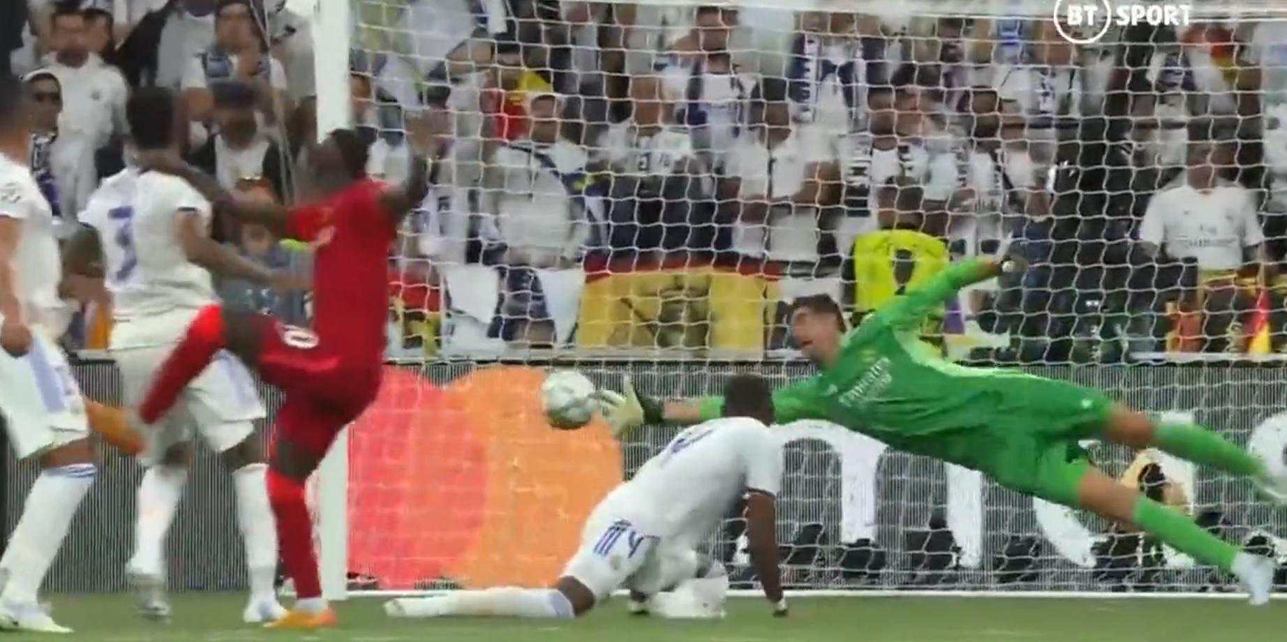 (Video) World-class Courtois save tips Mane’s opening effort onto the post as Reds denied early reward