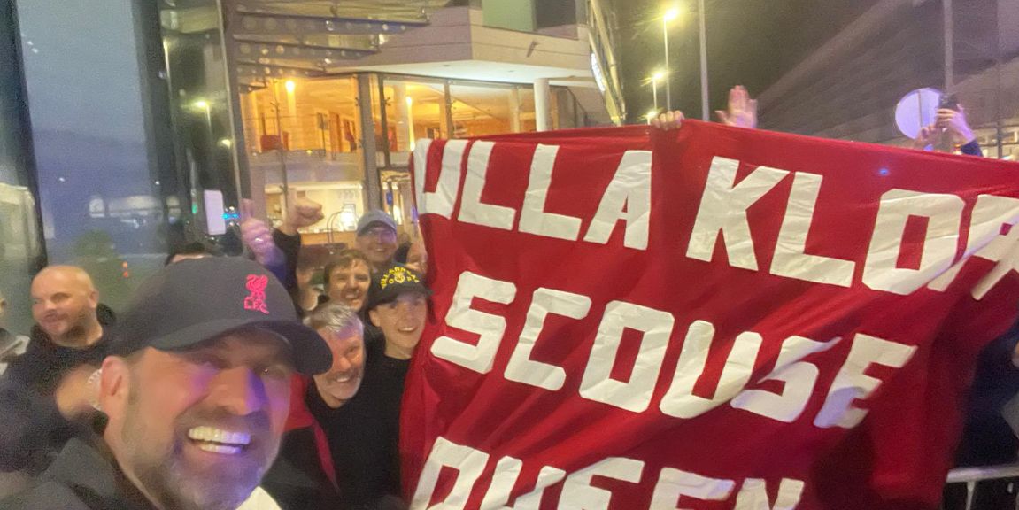 (Image) Jurgen Klopp poses with Ulla Klopp banner outside Villarreal’s stadium as Liverpool reach Champions League final