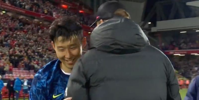 (Video) Jurgen Klopp tells Son Heung-min ‘here is special’ whilst admiring the Anfield crowd following Liverpool’s 1-1 draw with Tottenham