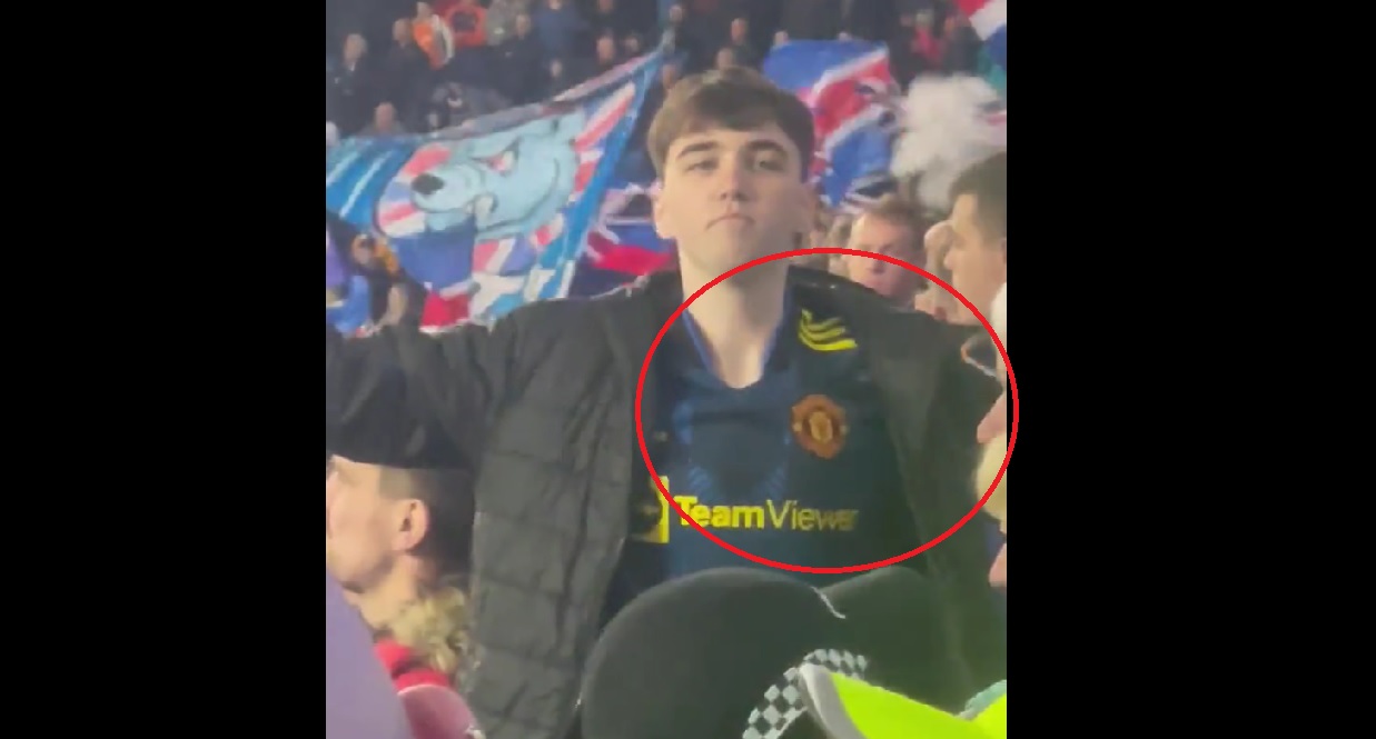 (Video) ‘What the f**k’s going on there?’ – Liverpool fan cackles at Rangers supporter with Man Utd shirt on