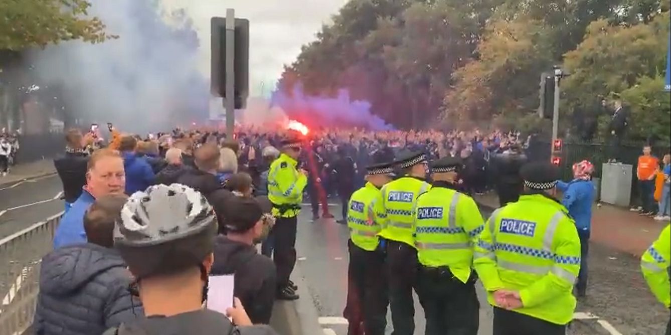 (Video) Flare and drum-wielding Rangers fans march to Anfield in rowdy pre-match scenes