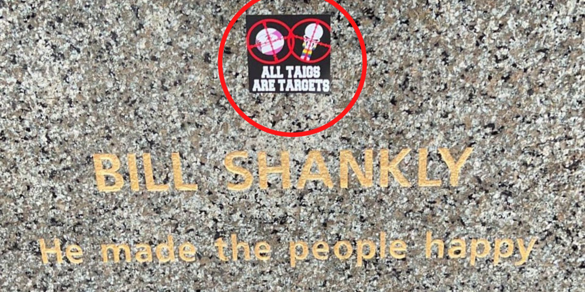 (Image) Horrible sectarian sticker left on Bill Shankly statue outside Anfield by Rangers fans