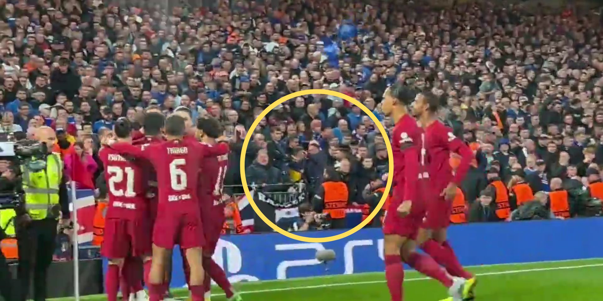(Video) Weird away fan behaviour spotted as Rangers fan appears to ‘shoot’ Liverpool players with imaginary gun