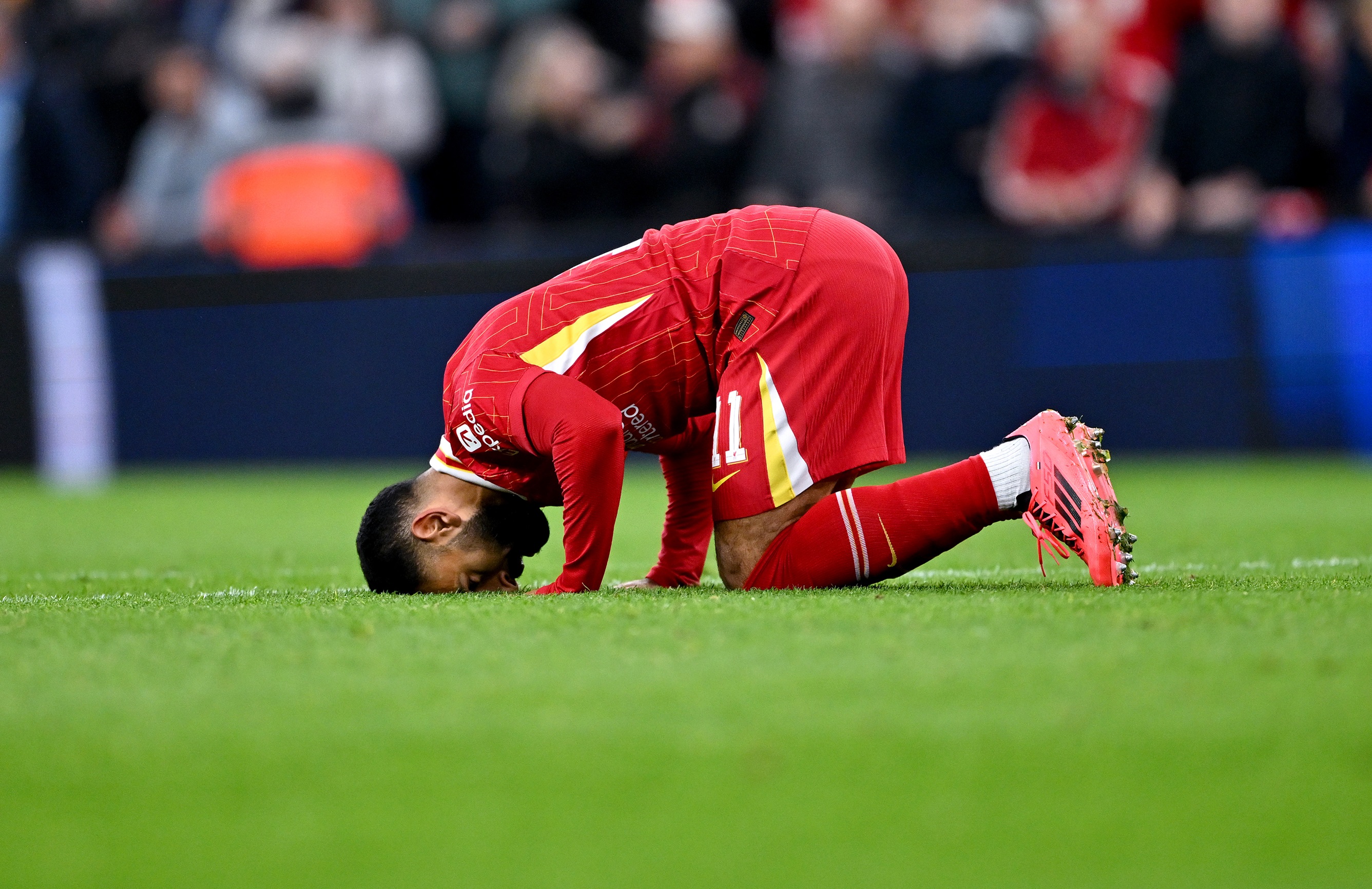 Mo Salah (whose contract expires in 2025) celebrates after scoring Liverpool's third goal against West Ham United