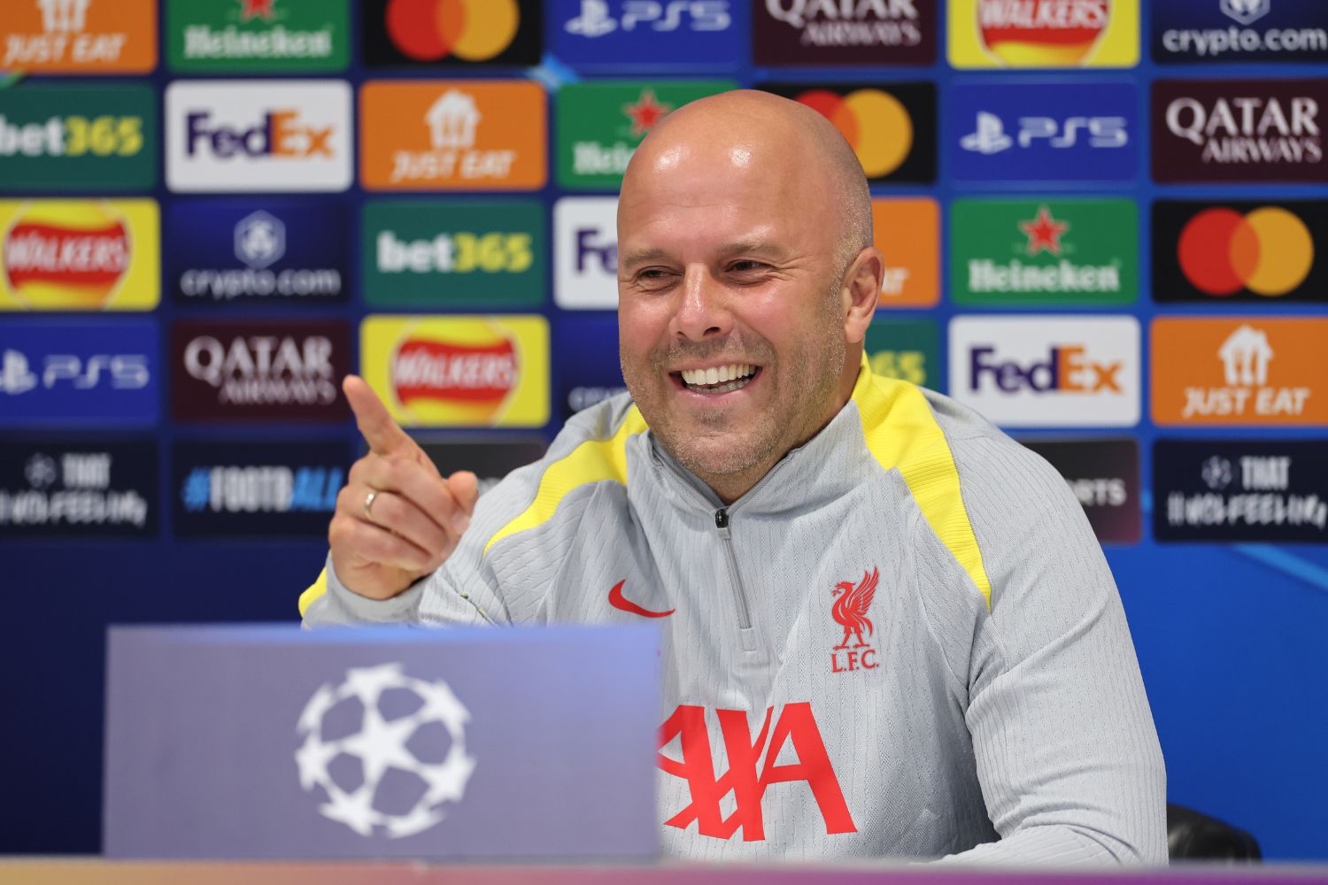 Arne Slot, Manager of Liverpool, speaks to the media during the UEFA Champions League 2024/25 League Phase MD2 training and press conference at AXA Melwood Training Centre on October 01, 2024 in Liverpool, England.