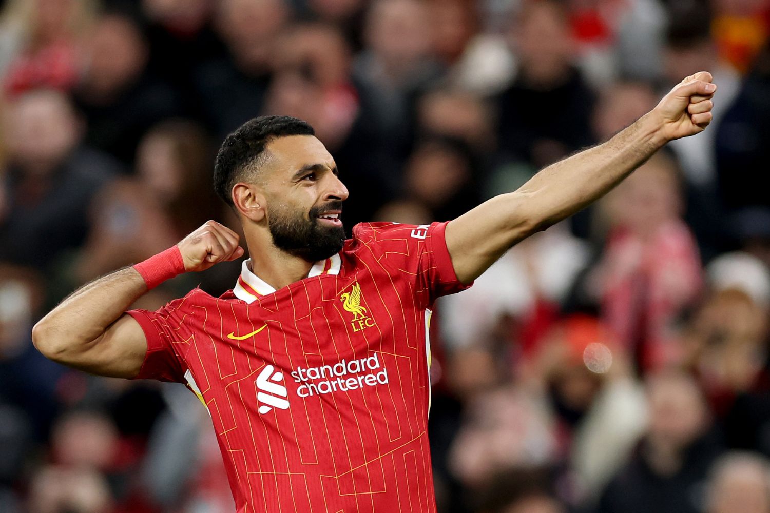 Liverpool's Mohamed Salah during the UEFA Champions League 2024/25 League Phase MD2 match between Liverpool FC and Bologna FC 1909 at Anfield on October 02, 2024 in Liverpool, England