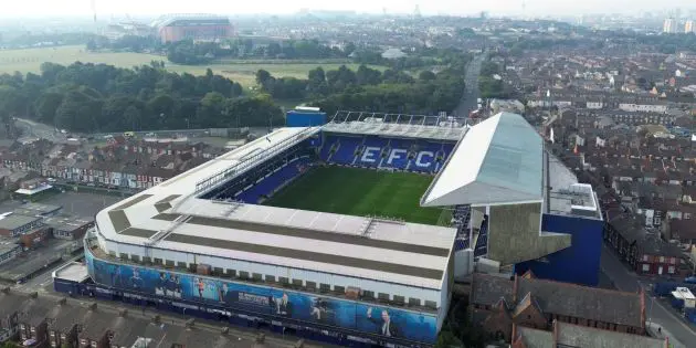 Goodison Park, the home of Everton, with Anfield, the home of Liverpool, in the background