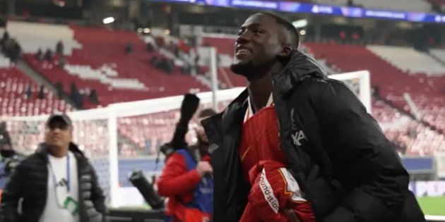 Ibou Konate throws shirts to Liverpool fans