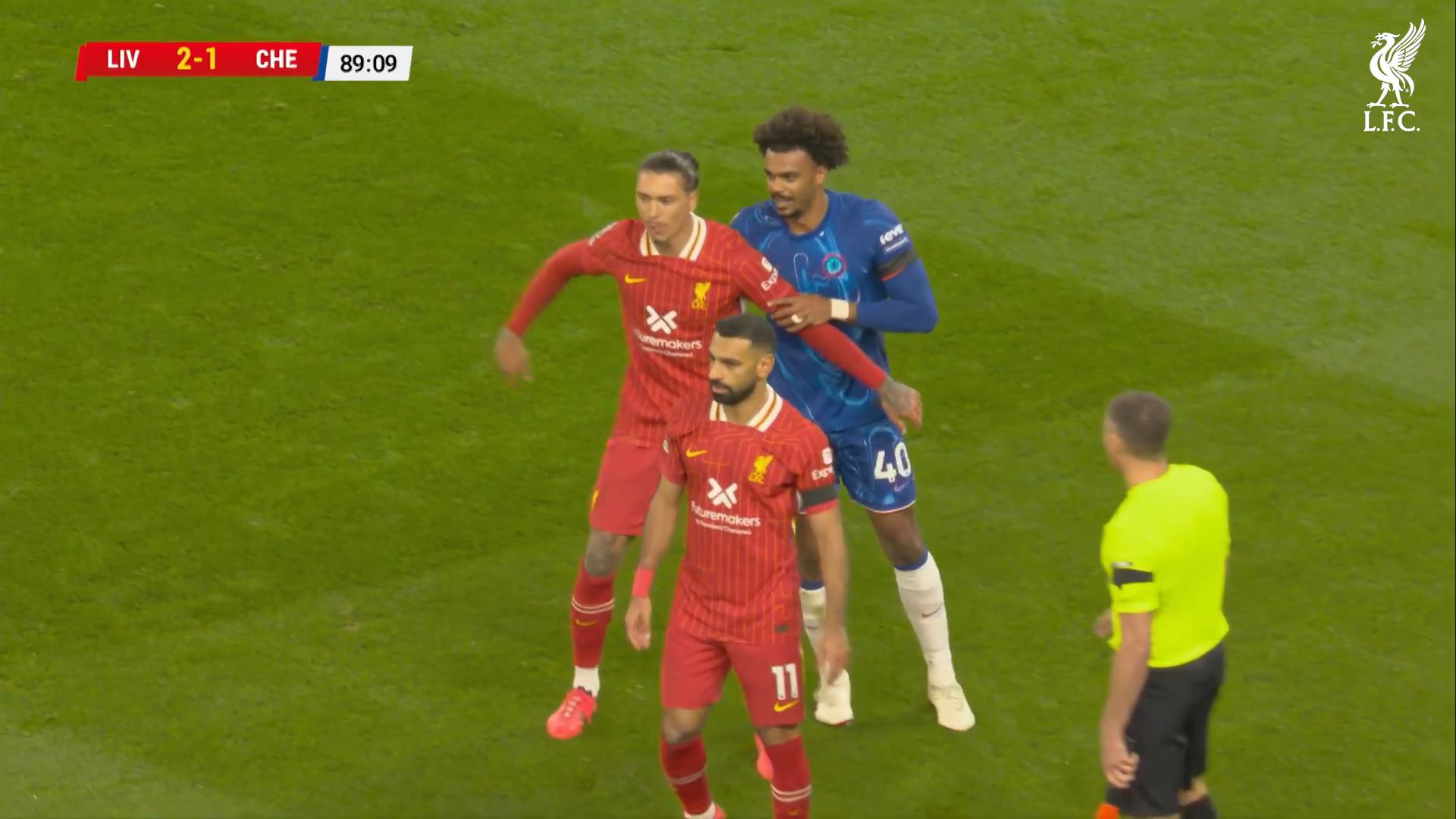 Darwin Nunez protects Mo Salah from Renato Veiga of Chelsea