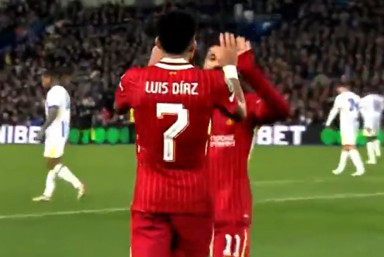 Luis Diaz celebrates with Mo Salah after scoring against Brighton