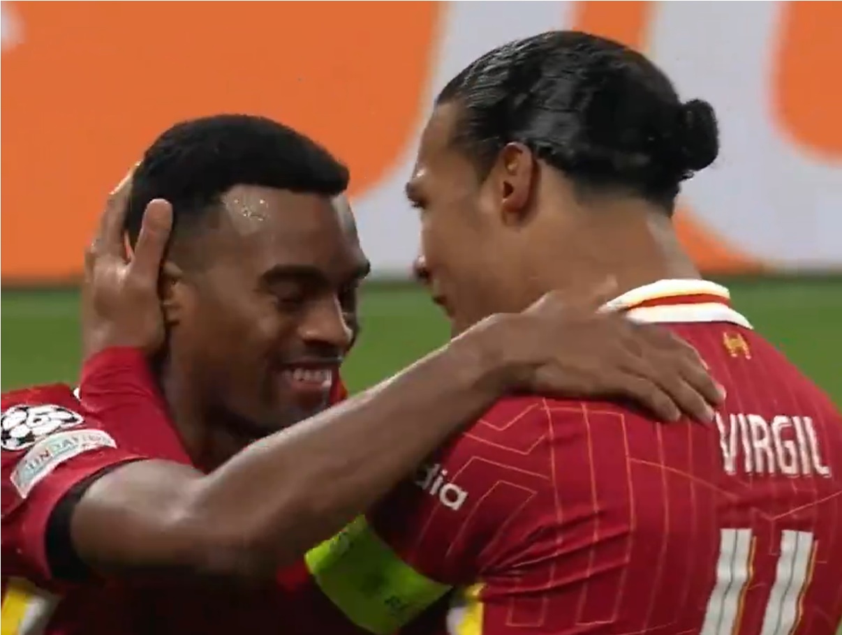Gravenberch and Van Dijk celebrate