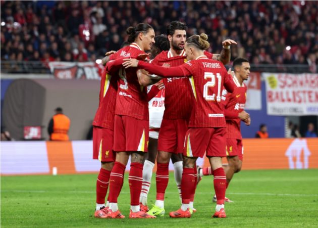 Liverpool celebrate Darwin Nunez's winner against RB Leipzig