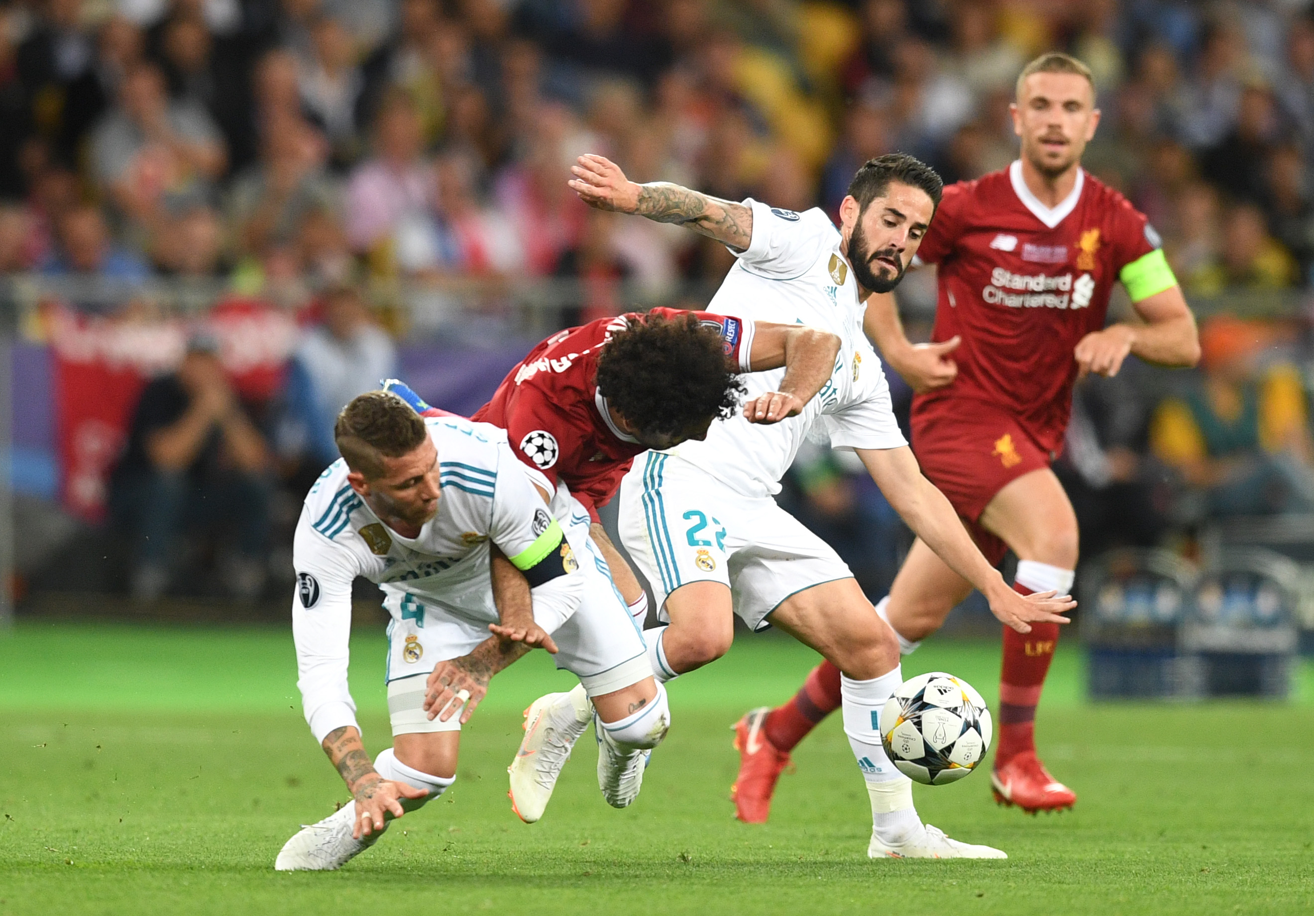 Sergio Ramos hauls Mo Salah to the ground during the 2018 Champions League final