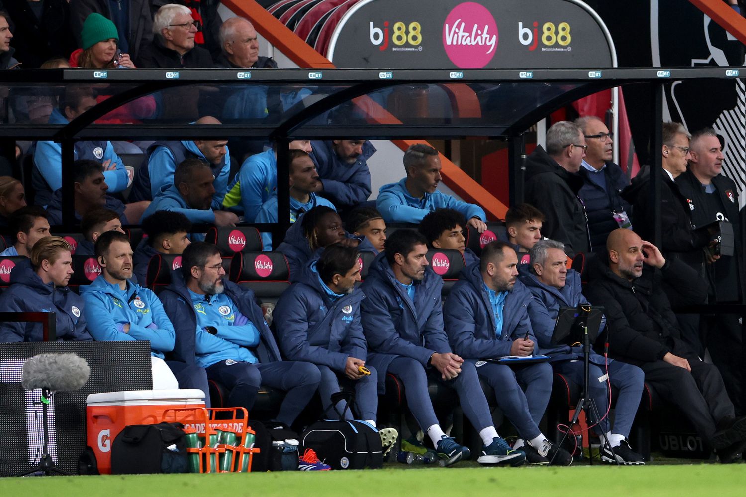 Manchester City's bench against Bournemouth with Pep Guardiola