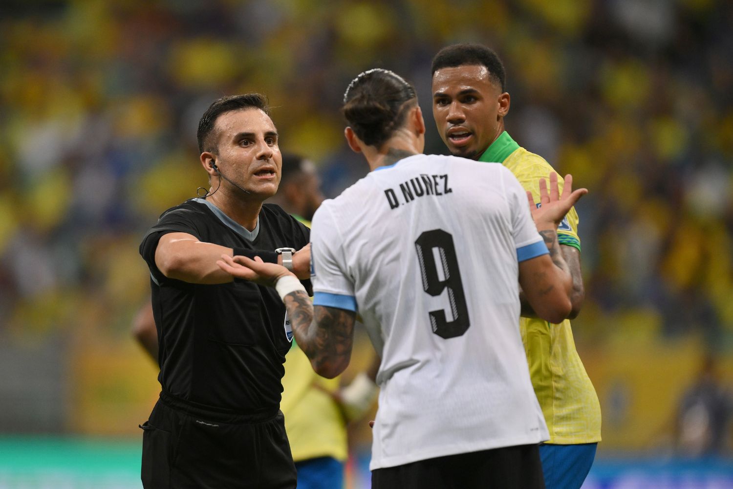 Darwin Nunez in action against Brazil for Uruguay