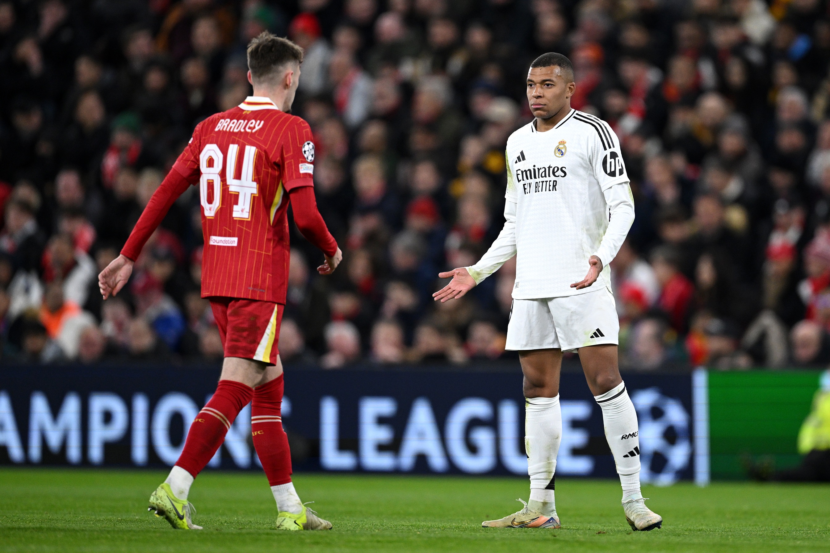 Liverpool fullback Conor Bradley and Real Madrid forward Kylian Mbappe in the Champions League.
