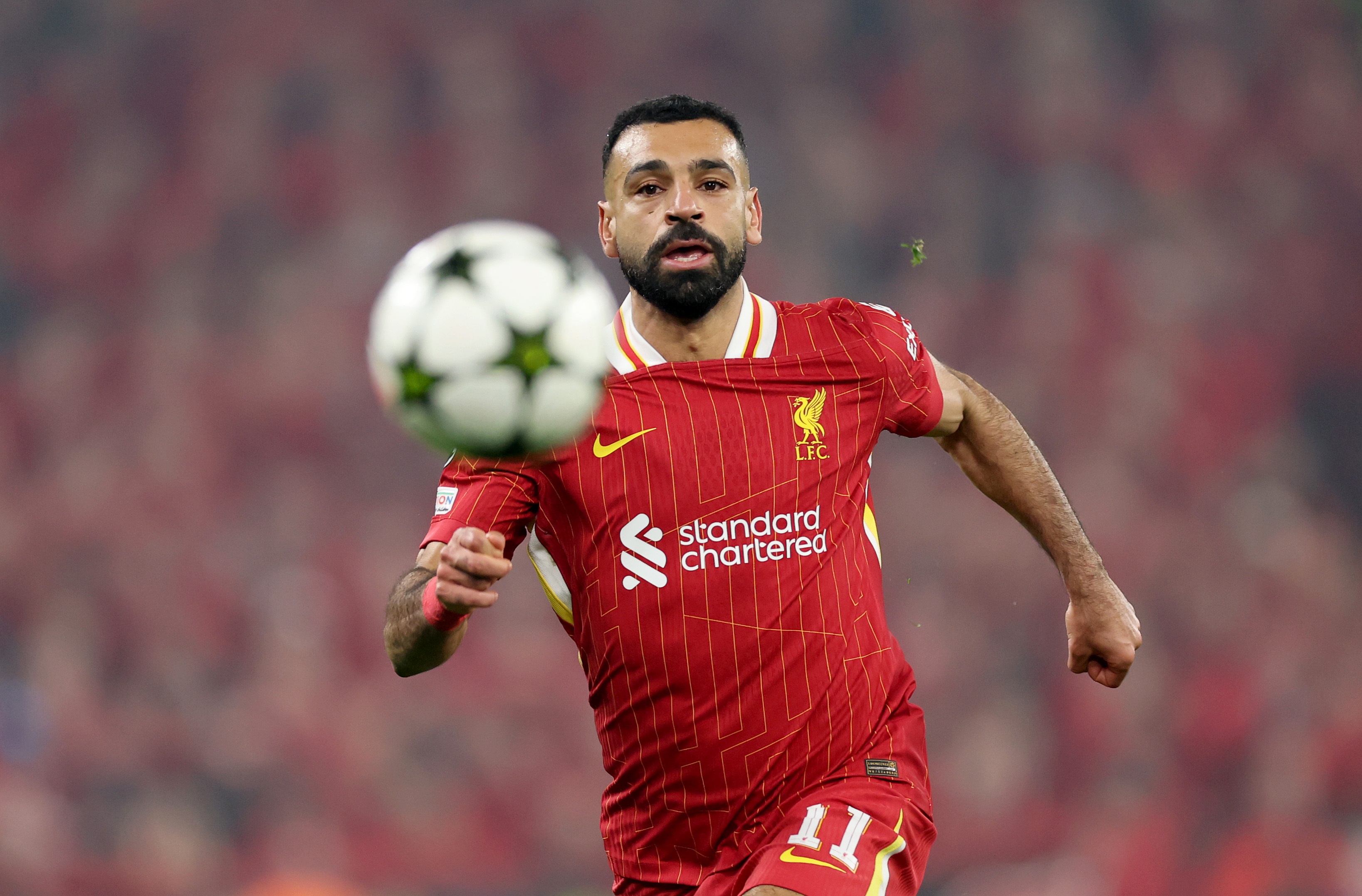 Mo Salah chases the ball during Liverpool v Aston Villa.