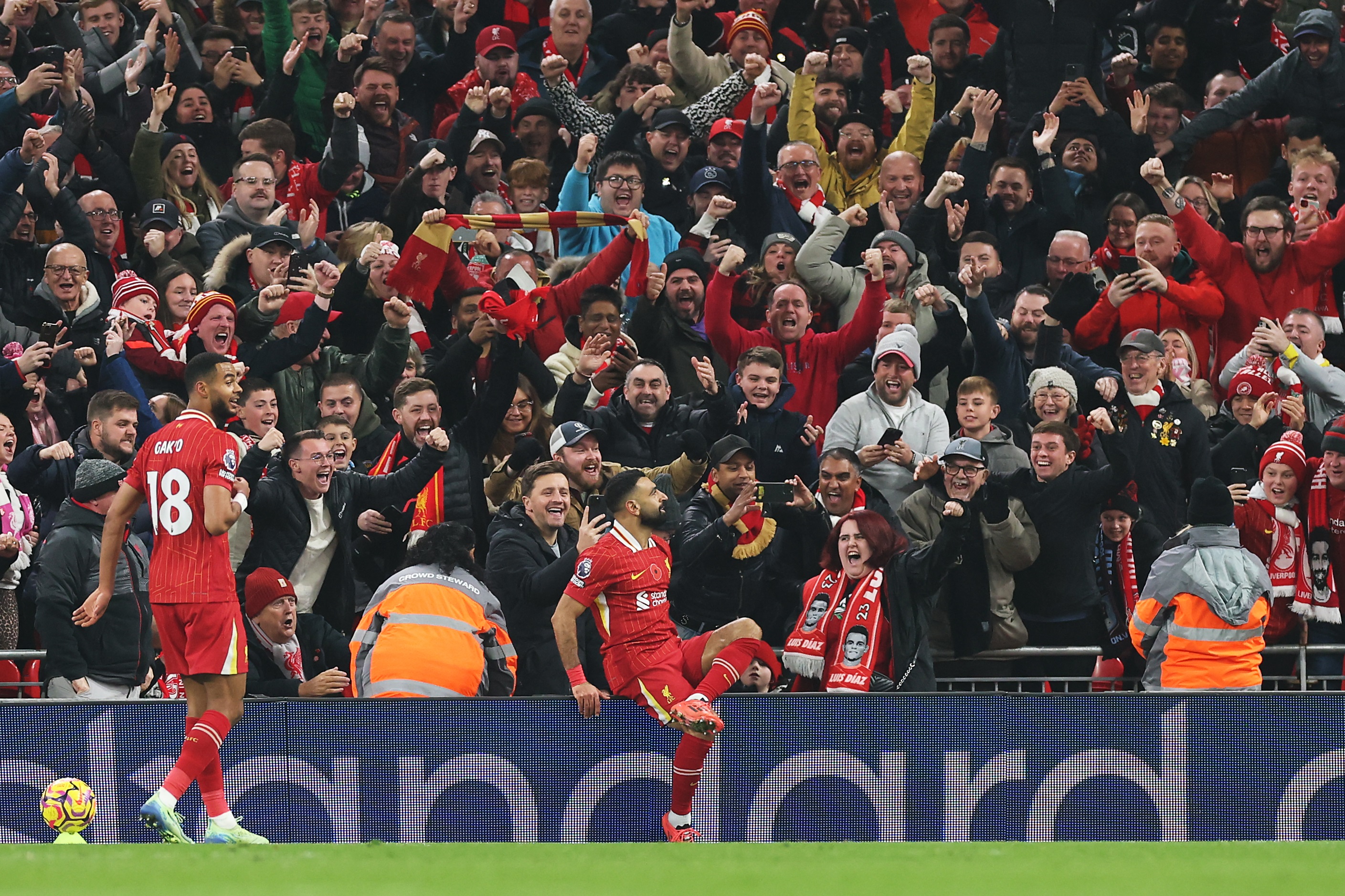 Liverpool's Mo Salah celebrates at Anfield after scoring against Aston Villa.