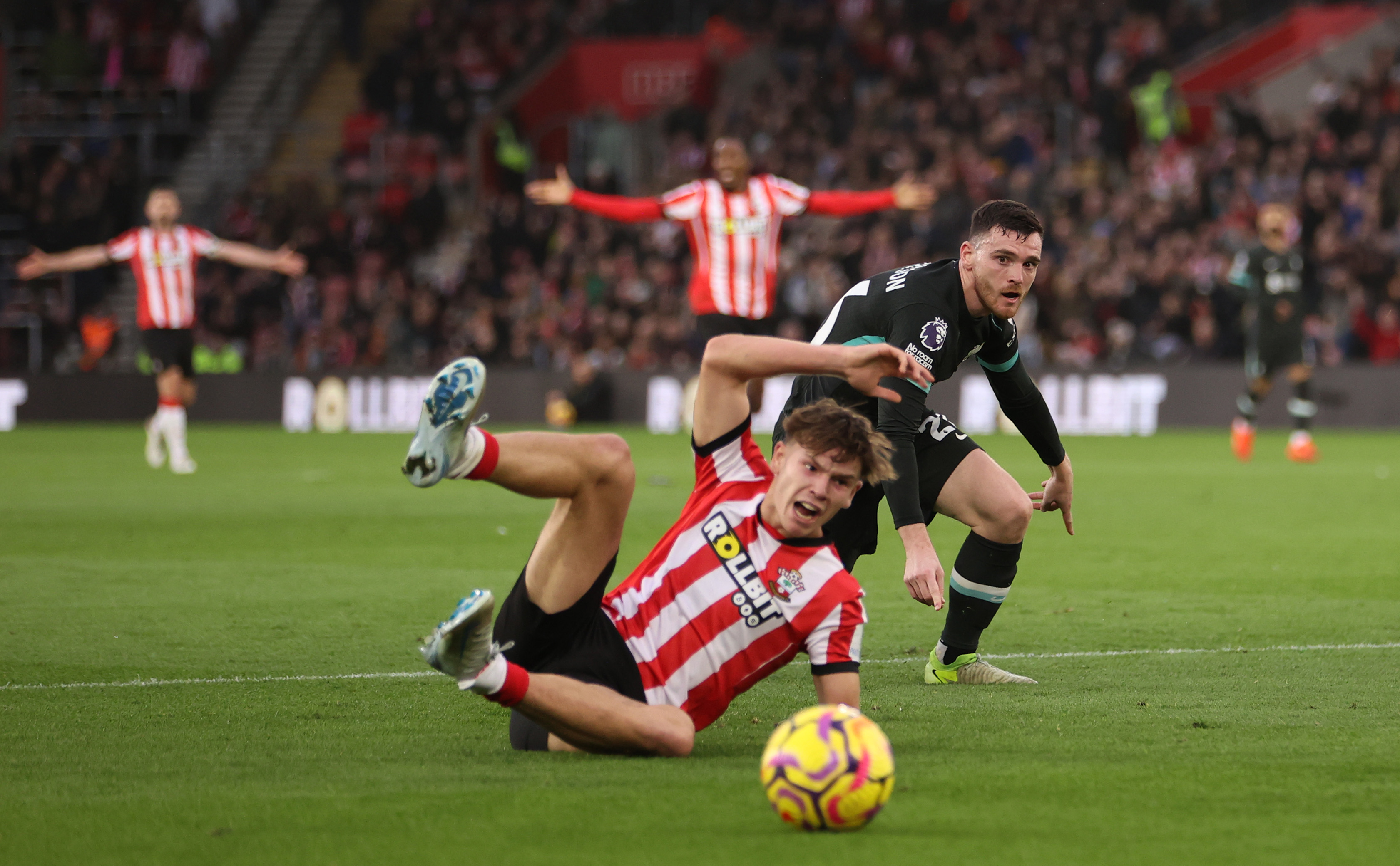 Tyler Dibling was fouled by Andy Robertson, resulting in a penalty for Southampton